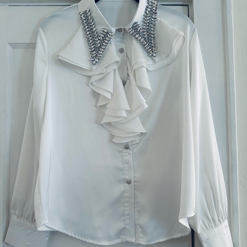 Elegant White Ruffled Blouse with Silver Jeweled Accents